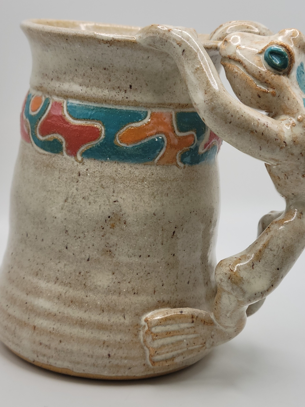 Unique Hand Thrown Pottery Mug 3D Frog Handle Signed 'Davis' 5" Tall